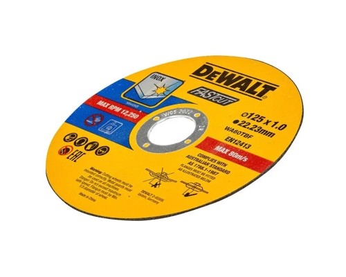 Круг відрізний DeWALT HIGH PERFOR, нержавіюча сталь/листовий метал,125x1.0x22,23 мм, 10 шт (DT43972)