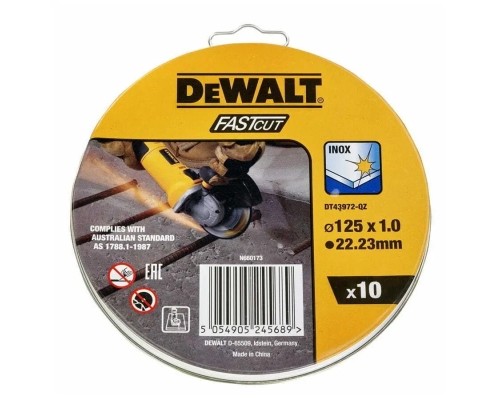 Круг відрізний DeWALT HIGH PERFOR, нержавіюча сталь/листовий метал,125x1.0x22,23 мм, 10 шт (DT43972)
