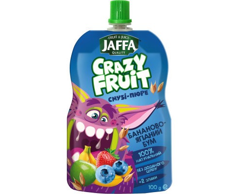 Дитяче пюре Jaffa Crazy Fruit Фруктовий десерт з бананів, яблук, чорниці та суниці 100 г (4820192261982)
