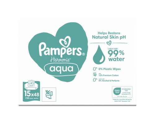 Дитячі вологі серветки Pampers Harmonie Aqua 15 пачок x 48 шт (8006540510247)