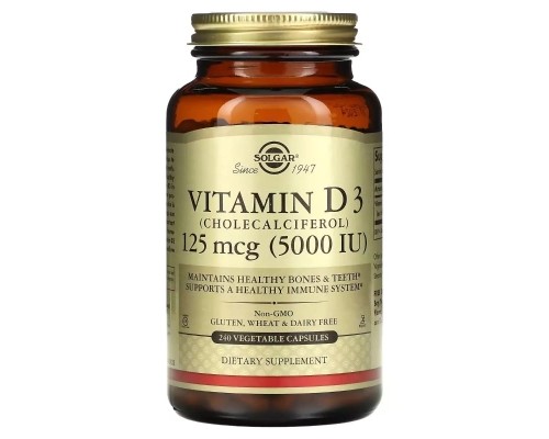 Вітамін Solgar Вітамін D3, 125 мкг (5000 МО), Vitamin D3 (Cholecalciferol), 240 вегетаріанс (SOL-03314)
