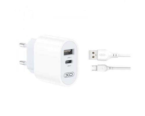 Зарядний пристрій XO L97 (1Type-C/1USB/2.4A) + USB - MicroUSB White (XO-L97-MC)