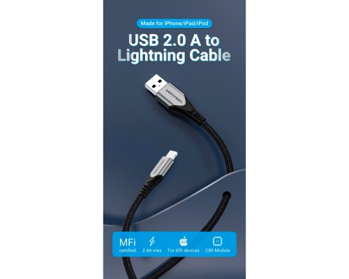 Дата кабель USB 2.0 AM to Lightning 2.0m 2.4A Aluminum Alloy Purple Vention (LABVH)