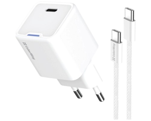 Зарядний пристрій ColorWay GaN Mini 25W PD Port PPS USB-C white cable Type-C (CW-CHS052PDC-WT)