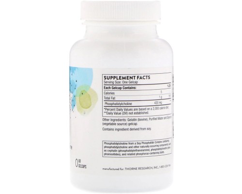 Трави Thorne Research Фосфатидилхолін, Phosphatidyl Choline, 60 гелевих капсул (THR-60501)