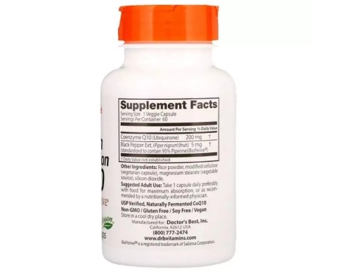 Антиоксидант Doctor's Best Коензим Q10 Високої абсорбацию 200мг, BioPerine, 60 гелевих (DRB-00111) 