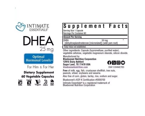 Вітамінно-мінеральний комплекс Bluebonnet Nutrition Дегідроепіандростерон, 50 мг, Intimate Essenitals, DHEA, 60 вегетарі (BLB4017)