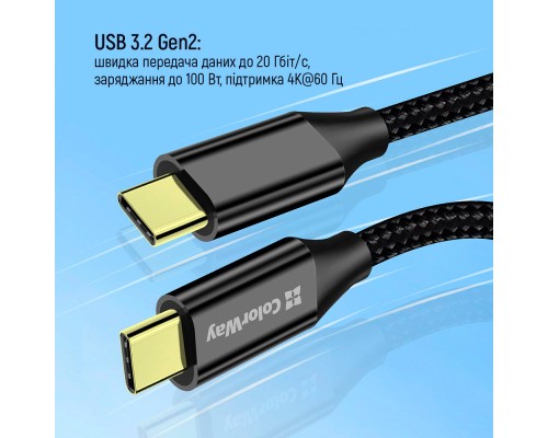Дата кабель USB-C to USB-C 1.0m USB3.2 (20Gbps 4K PD100W) Gen2 5А black ColorWay (CW-CBPDCC062-BK)