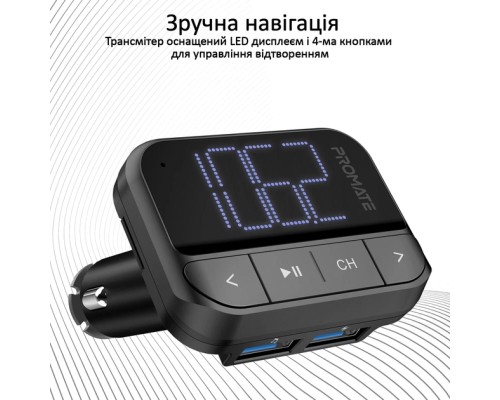 FM модулятор Promate ezfm-2 black AUX/SD/USB Black (ezfm-2.black)
