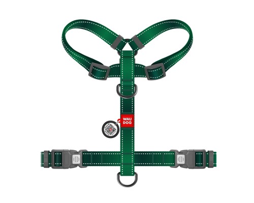 Шлея для собак WAUDOG Nylon Mono анатомічна H-подібна з QR паспортом, пластиковий фастекс, XL зелена (545918)