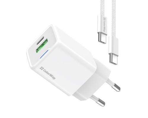 Зарядний пристрій ColorWay GaN Mini 30W PD Port PPS USB (Type-C PD + USB QC4.0) cable Type-C (CW-CHS053PDC-WT)