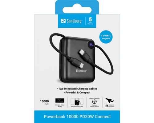 Батарея універсальна Sandberg 10000mAh PD/3.1/20W, QC/3.0, USB-C In/Out, with 2 cables USB-C (421-26)