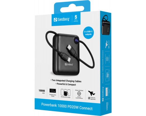 Батарея універсальна Sandberg 10000mAh PD/3.1/20W, QC/3.0, USB-C In/Out, with 2 cables USB-C (421-26)