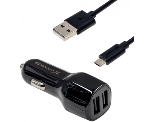 Зарядний пристрій Grand-X 2,1A, 12-24V, Black 2USB 5V/2.1A + DC cable USB/Micro USB,1m (CH-26BM)