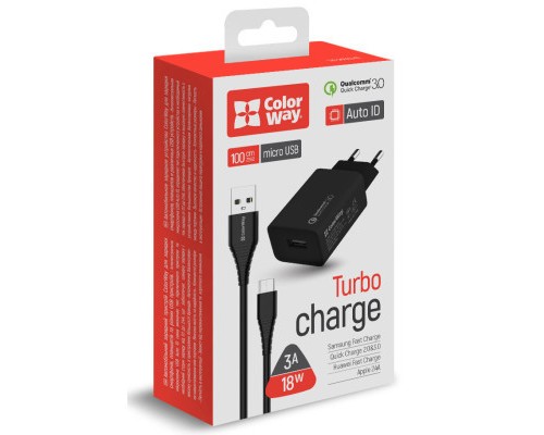 Зарядний пристрій ColorWay 1USB Quick Charge 3.0 (18W) black + cable micro USB (CW-CHS013QCM-BK)