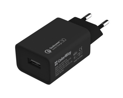 Зарядний пристрій ColorWay 1USB Quick Charge 3.0 (18W) black + cable micro USB (CW-CHS013QCM-BK)