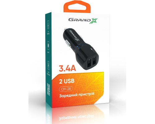 Зарядний пристрій Grand-X 3,4A 12-24V Black 2USB 5V/3 (CH-28)