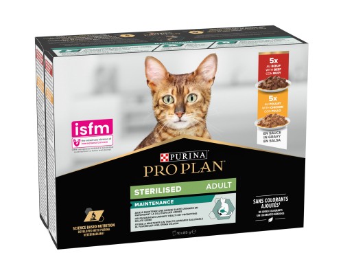 Вологий корм для кішок Purina Pro Plan Sterilised Мультипак яловичина та курка 10 x 85 г (8445290855473) Вологий корм для кішок Purina Pro Plan Sterilised Мультипак яловичина та курка 10 x 85 г (8445290855473)