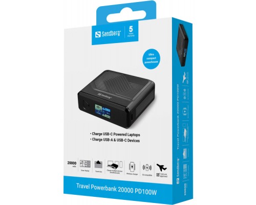 Батарея універсальна Sandberg 20000mAh Travel PD/100W, QC/3.0, QI 15W, Power-Through (421-25)