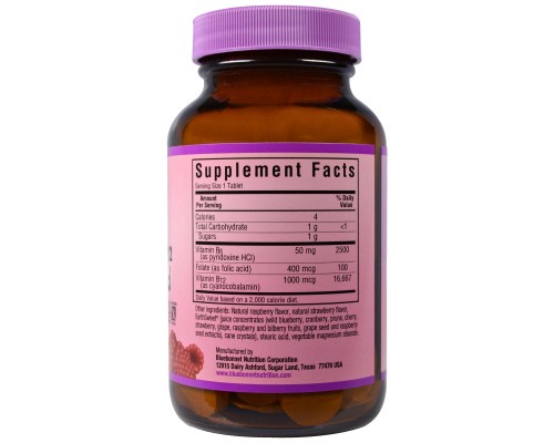 Вітамін Bluebonnet Nutrition Вітамін В6, B12 + Фолієва кислота, Смак Малини, Earth Sweet (BLB-00445)