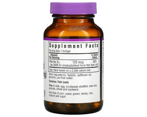 Вітамін Bluebonnet Nutrition Вітамін D3 5000IU (125 мкг), Vitamin D3, 100 желатинових кап (BLB-00321)