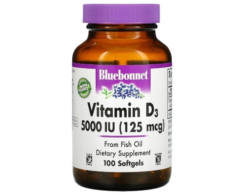 Вітамін Bluebonnet Nutrition Вітамін D3 5000IU (125 мкг), Vitamin D3, 100 желатинових кап (BLB-00321)