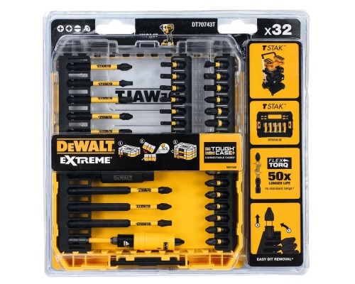 Набір біт DeWALT EXTREME FLEXTORQ, Phillips,Pozidriv,Torx, Slotted,Pz3, T25, 32 шт, кейс (DT70743T)
