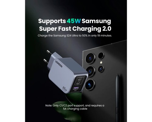 Зарядний пристрій Ugreen 3xUSB 65W (2хUSB-C+USB-A) Gan Nexode Pro X755 (25871)