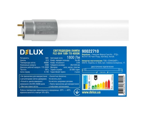 Лампочка Delux FLE-004 18 Вт 1,2м T8 4000K 230В G13 скло (90022710)