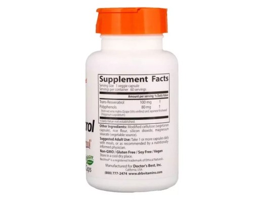 Антиоксидант Doctor's Best Ресвератрол, Trans-Resveratrol, 100 мг, 60 гелевих капсул (DRB-00171) Антиоксидант Doctor's Best Ресвератрол, Trans-Resveratrol, 100 мг, 60 гелевих капсул (DRB-00171)