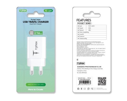 Зарядний пристрій T-Phox TC-224 Pocket Dual USB White (TC-224 (W))