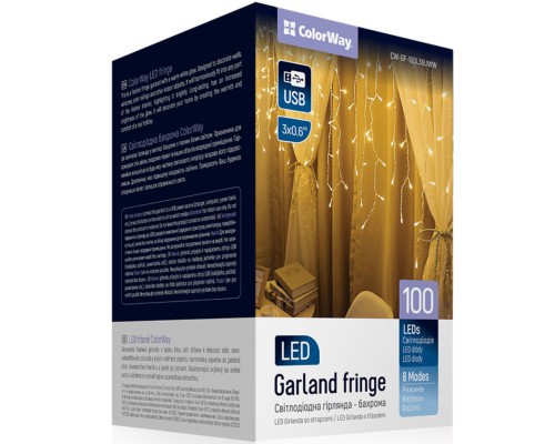 Гірлянда ColorWay Бахрома 3 м x 0.6 м 100 Led IP20 теплий колір USB (CW-GF-100L36UWW)