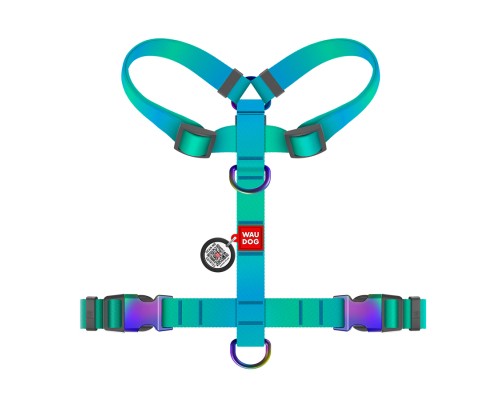 Шлея для собак WAUDOG Nylon Recycled анатомічна H-подібна з QR паспортом, градієнт, L блакитна (52882)
