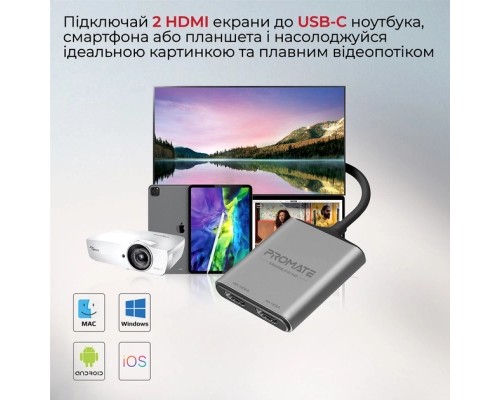 Перехідник USB-C to 2xHDMI 4K Promate (medialink-h2.grey)