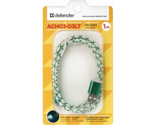 Дата кабель USB 2.0 AM to Lightning 1.0m ACH03-03LT GreenLED backlight Defender (87553)