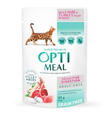 Вологий корм для кішок Optimeal з чутливим травленням з ягням та філе індички в соусі 85 г (4820215364003)
