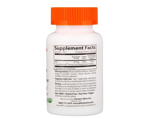 Мінерали Doctor's Best ¶Хелатне залізо, High Absorption Iron, 27 мг, 120 таблеток (DRB-00459) Мінерали Doctor's Best ¶Хелатне залізо, High Absorption Iron, 27 мг, 120 таблеток (DRB-00459)