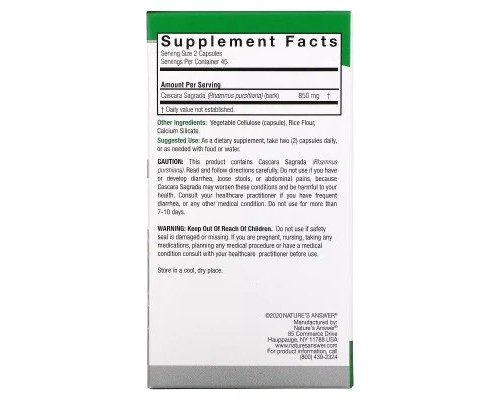 Трави Nature's Answer Каскара Саграда, 850 мг, Cascara Sagrada, 90 вегетаріанських капс (NTA-16142)