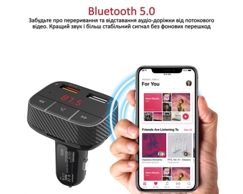 FM модулятор Promate SmarTune 2+ BLUETOOTH 5.0 USB QC 3.0 AUX/SD/USB BLACK (smartune-2+.black)