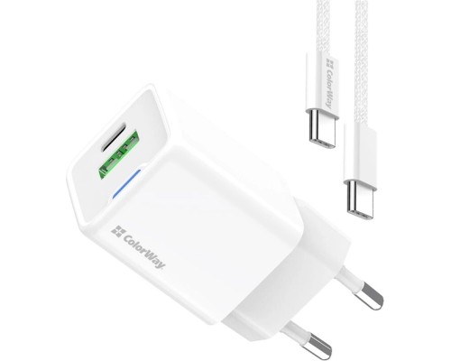Зарядний пристрій ColorWay GaN Mini 35W PD Port PPS USB (Type-C PD + USB QC4.0) cable Type-C (CW-CHS055PDC-WT)