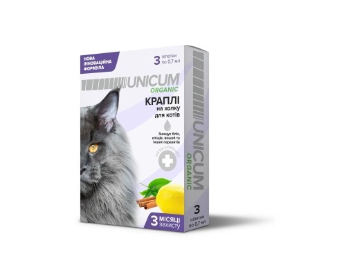 Краплі для тварин Unicum Organic для відлякування бліх та кліщів для котів 3 шт (4820150202095)