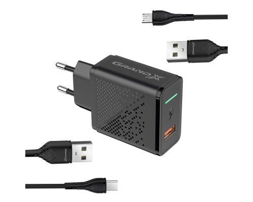 Зарядний пристрій Grand-X QC3.0 18W + microUSB + Type-C cables (CH-650MT)