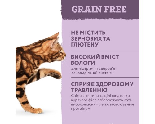 Вологий корм для кішок Optimeal беззерновий з ягням і курячим філе в гарбузовому желе 85 г (4820083905995)