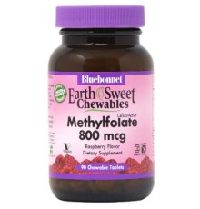 Вітамін Bluebonnet Nutrition Метилфолат (B9) 800мкг, Смак Малини, Earth Sweet Chewables, (BLB0454)