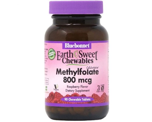 Вітамін Bluebonnet Nutrition Метилфолат (B9) 800мкг, Смак Малини, Earth Sweet Chewables, (BLB0454)