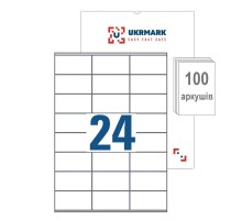 Етикетка самоклеюча UKRMARK A4-24-02-W1, А4, 24 на листі, 70мм х 37мм, 100 аркушів (900626)