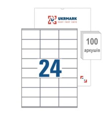 Етикетка самоклеюча UKRMARK A4-24-02-W1, А4, 24 на листі, 70мм х 37мм, 100 аркушів (900626)