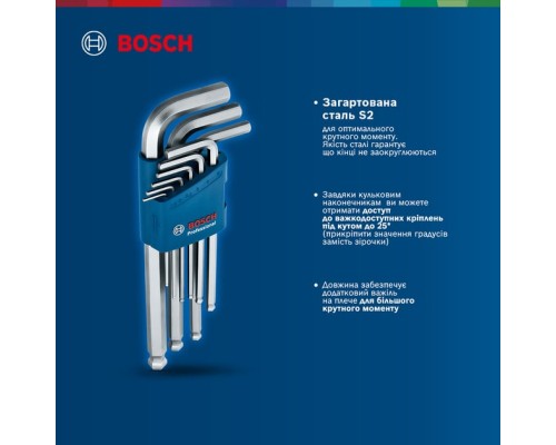 Ключ Bosch шестигранний, набір 9шт, кулястий наконечник (1.600.A01.TH5)