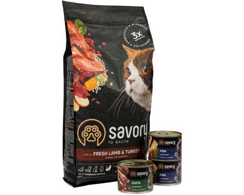 Сухий корм для кішок Savory Sensitive 2 кг (сухий корм) + 600 г (консерви) (2700000021286)