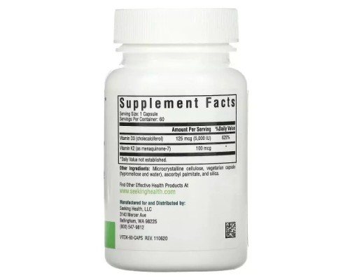 Вітамін Seeking Health Вітамін D3+K2, 5000 МО та 100 мкг, Vitamin D3+K2, 60 вегетаріанських ка (SKH-52136)